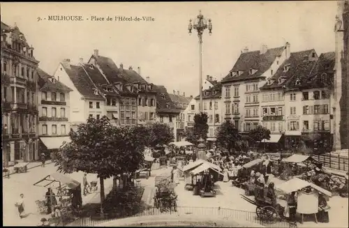 Ak Mulhouse Mülhausen Elsass Haut Rhin, Place de l'Hotel de Ville, Geschäft E. Obrecht, Markt