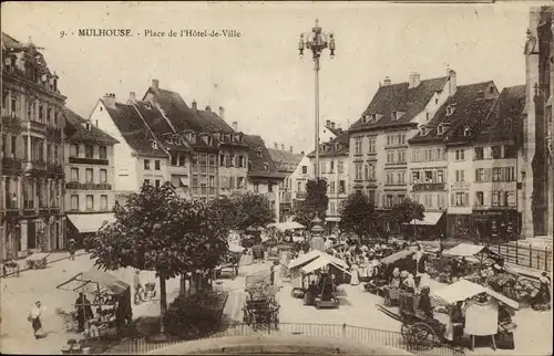 Ak Mulhouse Mülhausen Elsass Haut Rhin, Place de l&#39;Hotel de Ville, Geschäft E. Obrecht, Markt