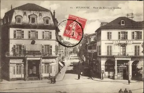 Ak Mulhouse Mulhouse Alsace Haut Rhin, Place du Nouveau Quartier, Café Moll