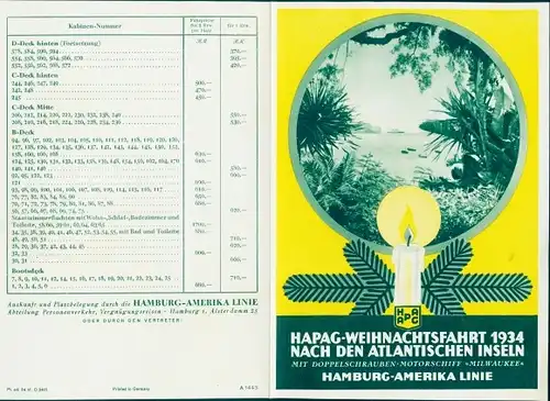 Klapp Ak Hapag Weihnachtsfahrt 1934, Dampfer Milwaukee, Reiseprogramm