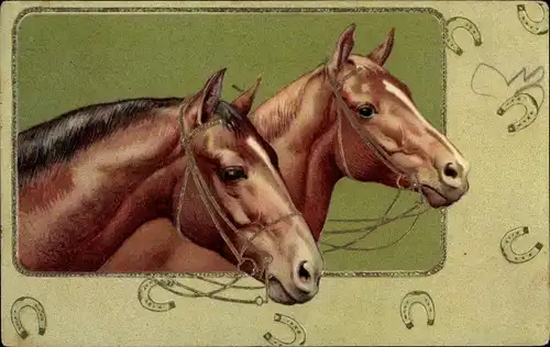 Präge Litho Zwei braune Pferde, Hufeisen