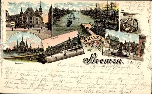 Litho Hansestadt Bremen, Hafen, Segelschiffe, Gericht, Markt, Parkhaus, Bahnhof