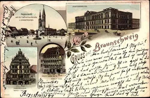 Litho Braunschweig in Niedersachsen, Justizgebäude, Hagenmarkt, Kirche, Gewandhaus
