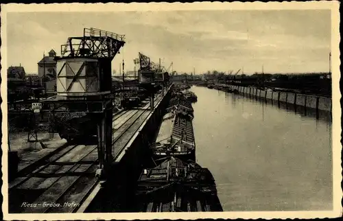 Ak Gröba Riesa an der Elbe Sachen, Hafenpartie, Lastkähne