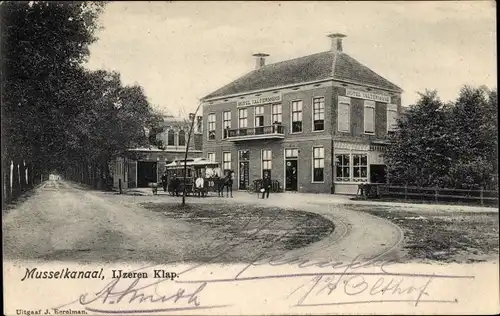 Ak Musselkanaal Groningen, IJzeren Klap, Hotel, Pferdestraßenbahn