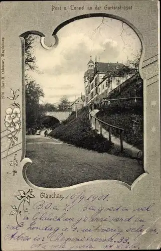Passepartout Ak Glauchau in Sachsen, Post und Tunnel an der Gartenstraße