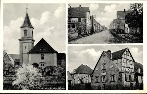 Ak Rudolzhofen Uffenheim in Mittelfranken Bayern, Kirche, Straßenpartie, Fachwerkhaus