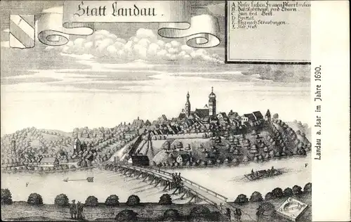 Künstler Ak Landau an der Isar Niederbayern, Gesamtansicht im Jahr 1690