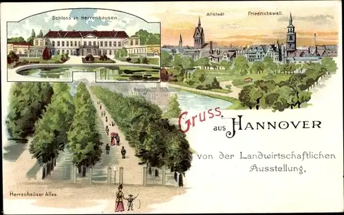 Litho Hannover in Niedersachsen, Schloss in Herrenhausen, Herrenhaüser Allee, Friedrichswall