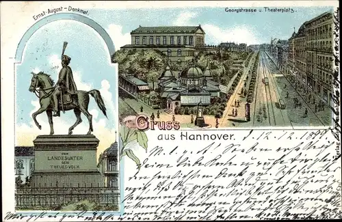 Litho Hannover in Niedersachsen, Ernst August Denkmal, Georgstraße, Theaterplatz