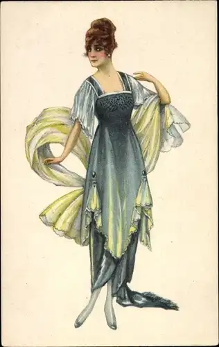 Ak Frau in gelb-grünem Kleid, Mode, Portrait, Ärmelschal