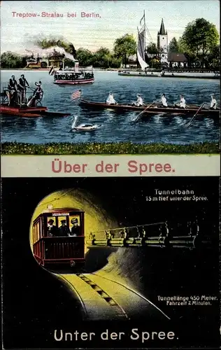 Ak Treptow Berlin, Ruderpartie über die Spree, Tunnelbahn unter der Spree