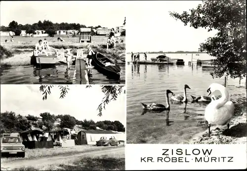 Ak Zislow an der Müritz, Seeufer, Steg, Schwäne, Campingplatz, Badestrand