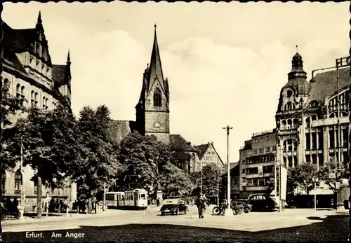 Ak Erfurt in Thüringen, Am Anger, Straßenbahn, Autos, Kirche