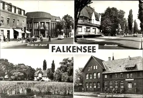 Ak Falkensee im Havelland, Genossenschaftsbank, Maxim Gorki Oberschule, Hansastraße, Str. d. Jugend