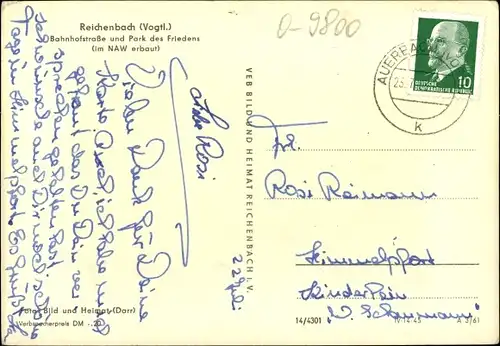 Ak Reichenbach im Vogtland, Bahnhofstraße, Park des Friedens, im NAW erbaut