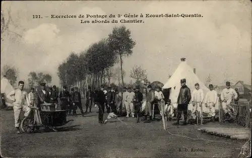 Ak Écourt Saint Quentin Pas de Calais, Les abords du Chantier, Exercices de Pontage