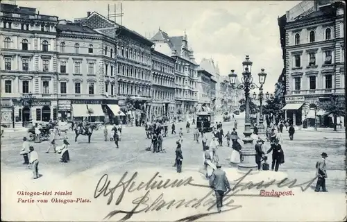 Ak Budapest Ungarn, Oktogon-Platz, Straßenbahn, Geschäfte