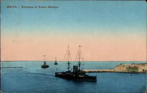 Ak Malta, Grand Harbour, Hafeneinfahrt, Schiffe