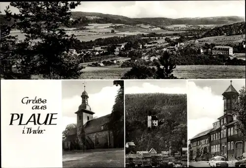 Ak Plaue in Thüringen, Panorama, Straßenpartie, Kirche, Teilansichten