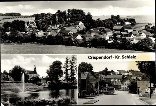 Ak Crispendorf Schleiz im Vogtland Thüringen, Panorama, Straßenpartie mit Bus, Fontäne im Teich