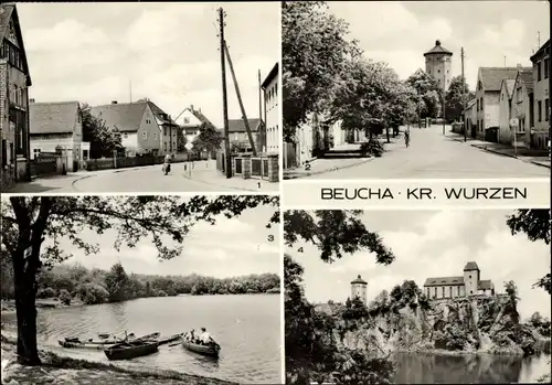 Ak Beucha Brandis in Sachsen, Dorfstraße, Kirchberg mit Wasserturm, See, Bergkirche