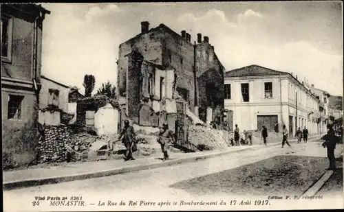 Ak Bitola Monastir Mazedonien, Rue du Roi Pierre nach dem Bombardement vom 17. August 1917, I. WK