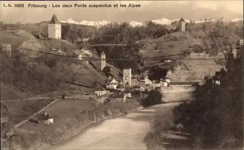 Ak Freiburg Stadt Freiburg Schweiz, Die beiden Hängebrücken und die Alpen