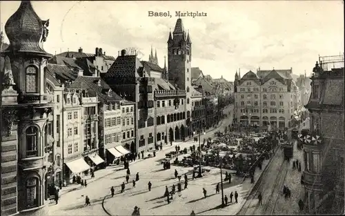 Ak Basel Bâle Stadt Schweiz, Marktplatz, Passanten, Straßenbahn
