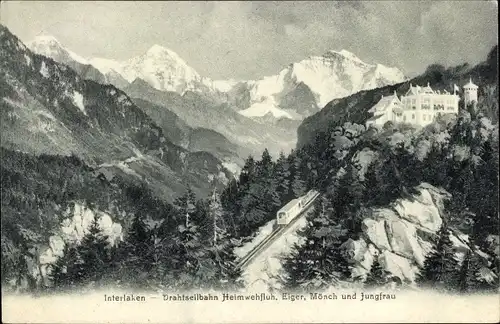 Ak Interlaken Kt. Bern Schweiz, Drahtseilbahn Heimwehfluh, Eiger, Mönch, Jungfrau