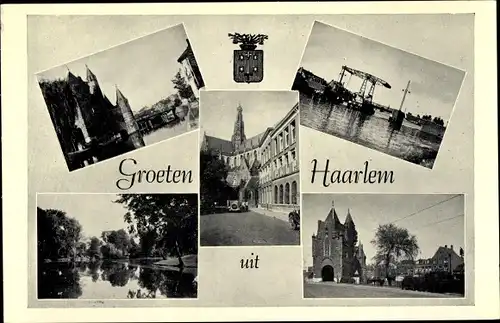 Ak Haarlem Nordholland Niederlande, Wappen, Hafen, Kirche, Gebäude, Gewässer, Turm