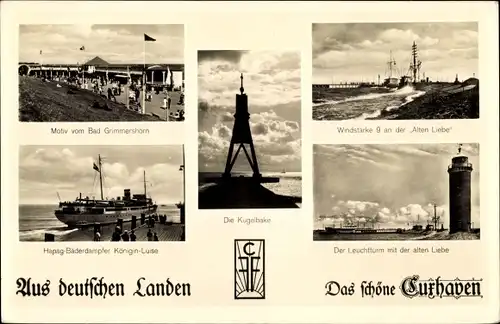 Ak Cuxhaven, Bad Grimmershörn, Alte Liebe Windstärke 9, Dampfer Königin Luise, Kugelbake, Leuchtturm