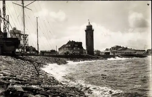 Ak Cuxhaven, Leuchtturm und Pavillon