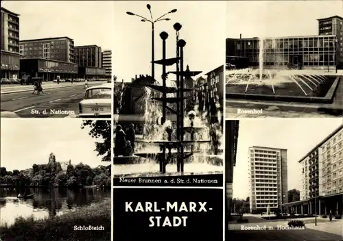 Ak Karl Marx Stadt Chemnitz in Sachsen, Schlossteich, Neuer Brunnen a.d. Str. d. Nationen, Rosenhof