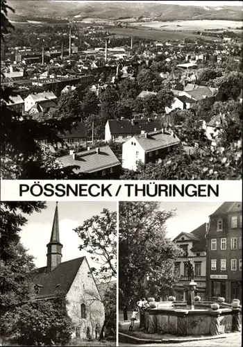 Ak Pößneck in Thüringen, Gottesackerkirche, Marktbrunnen, Teilansicht