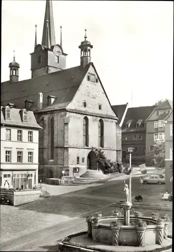 Ak Pößneck in Thüringen, Stadtkirche, Marktbrunnen