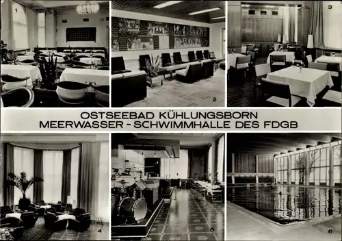 Ak Ostseebad Kühlungsborn, Meerwasser Schwimmhalle des FDGB, Tagescafé, Eingangshalle, Baltic Bar