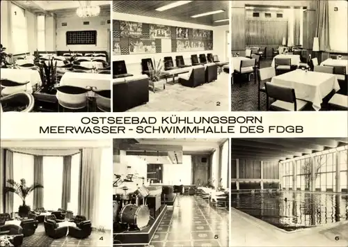 Ak Ostseebad Kühlungsborn, Meerwasser Schwimmhalle des FDGB, Tagescafé, Eingangshalle, Baltic Bar