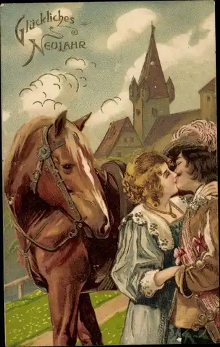 Präge Litho Glückwunsch Neujahr, Trompeter von Säckingen, Kuss, Pferd