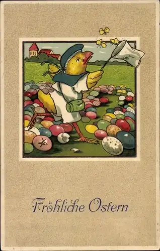 Ak Glückwunsch Ostern, Vermenschlichtes Küken fängt Schmetterlinge, Ostereier