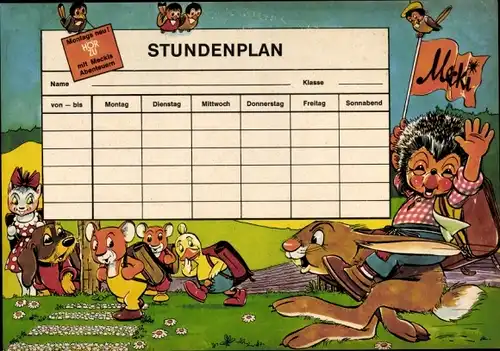 Stundenplan Reklame Hörzu, MECKI, Hase und Igel um 1950