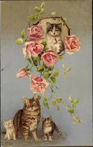 Litho Katzenmutter mit jungen Kätzchen, Rosen
