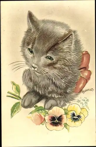 Künstler Ak Bernet, Graue Katze mit Schleife, Stiefmütterchen