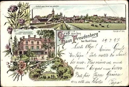 Litho Kleve am Niederrhein, Haus Freudenberg, Inh. Franz Thunert, Stadt vom Kanal aus gesehen