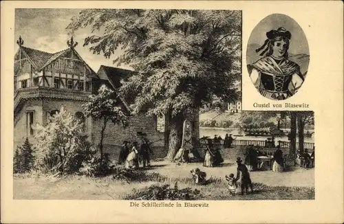 Künstler Ak Dresden Ost Blasewitz, Ansicht von der Schillerlinde, Gustel von Blasewitz,100. Todestag