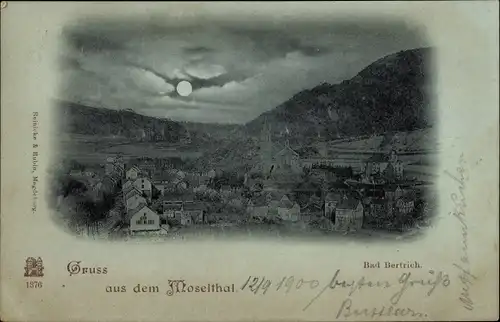 Mondschein Ak Bad Bertrich an der Mosel Eifel, Totalansicht, Moselthal