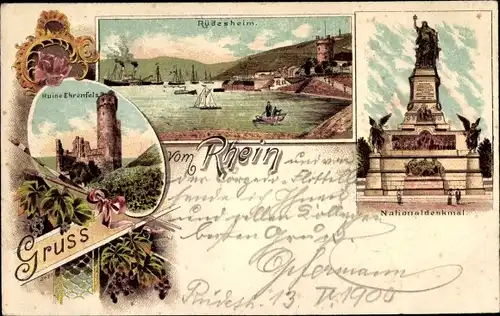 Litho Rüdesheim am Rhein, Ruine Ehrenfels, Nationaldenkmal