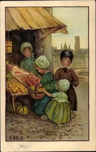 Künstler Ak Kinder an einem Obststand, niederländische Trachten