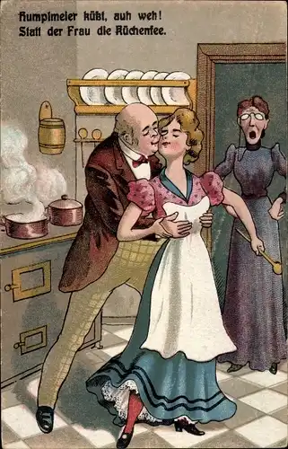 Ak Humplmeier küsst, auh weh, Statt der Frau die Küchenfee, Ehepaar, Geschockte Ehefrau