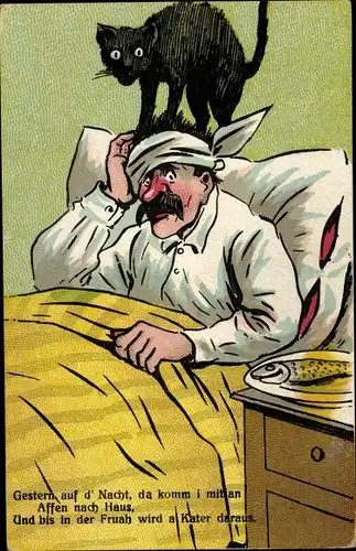 Ak Mann mit Kater, Schwarze Katze, Gestern auf d' Nacht, da komm i mit an ...